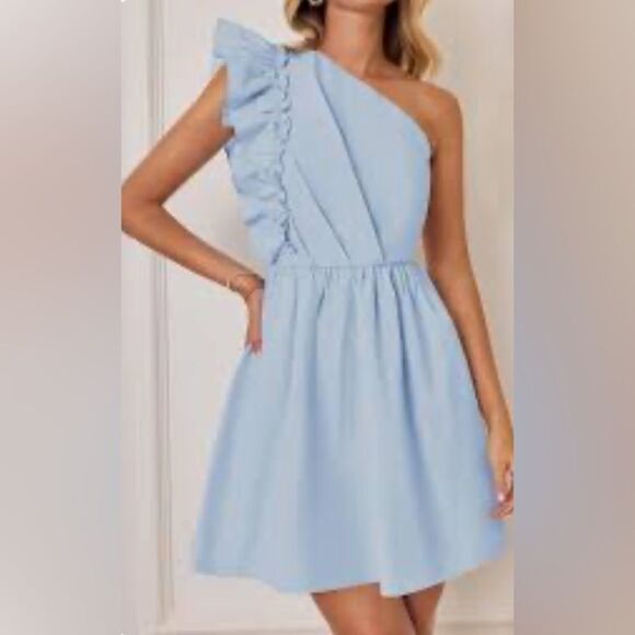 Zesica Dresses & Skirts - Zesica light blue dress Women’s size L one shoulder  asymmetrical ruffles party